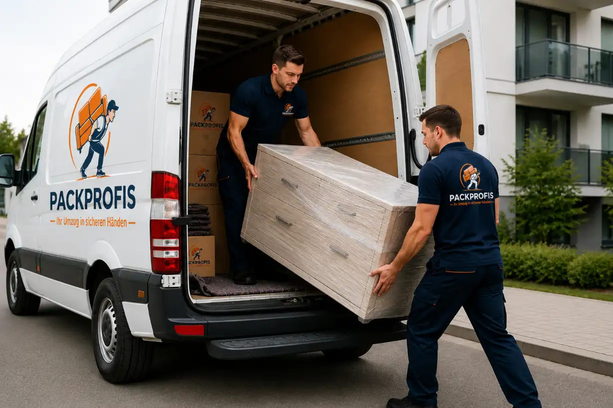 Mitarbeiter laden Möbel in einen Transporter